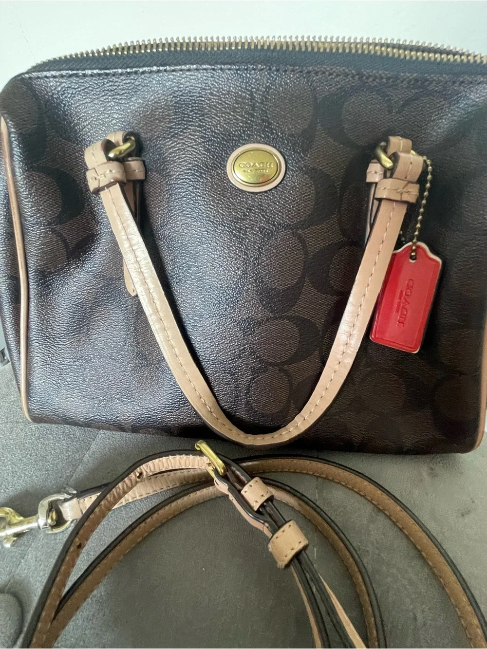 Coach Brown Signature Satchel with Beige Trim and Red Tag